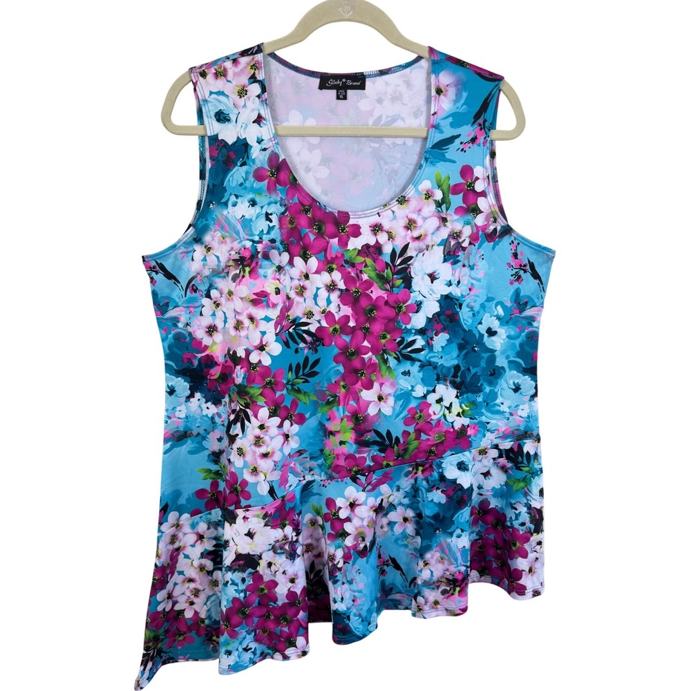 Slinky Brand Floral Asymmetrical Peplum Top Womens‎ XL Turquoise Pink Sleeveless